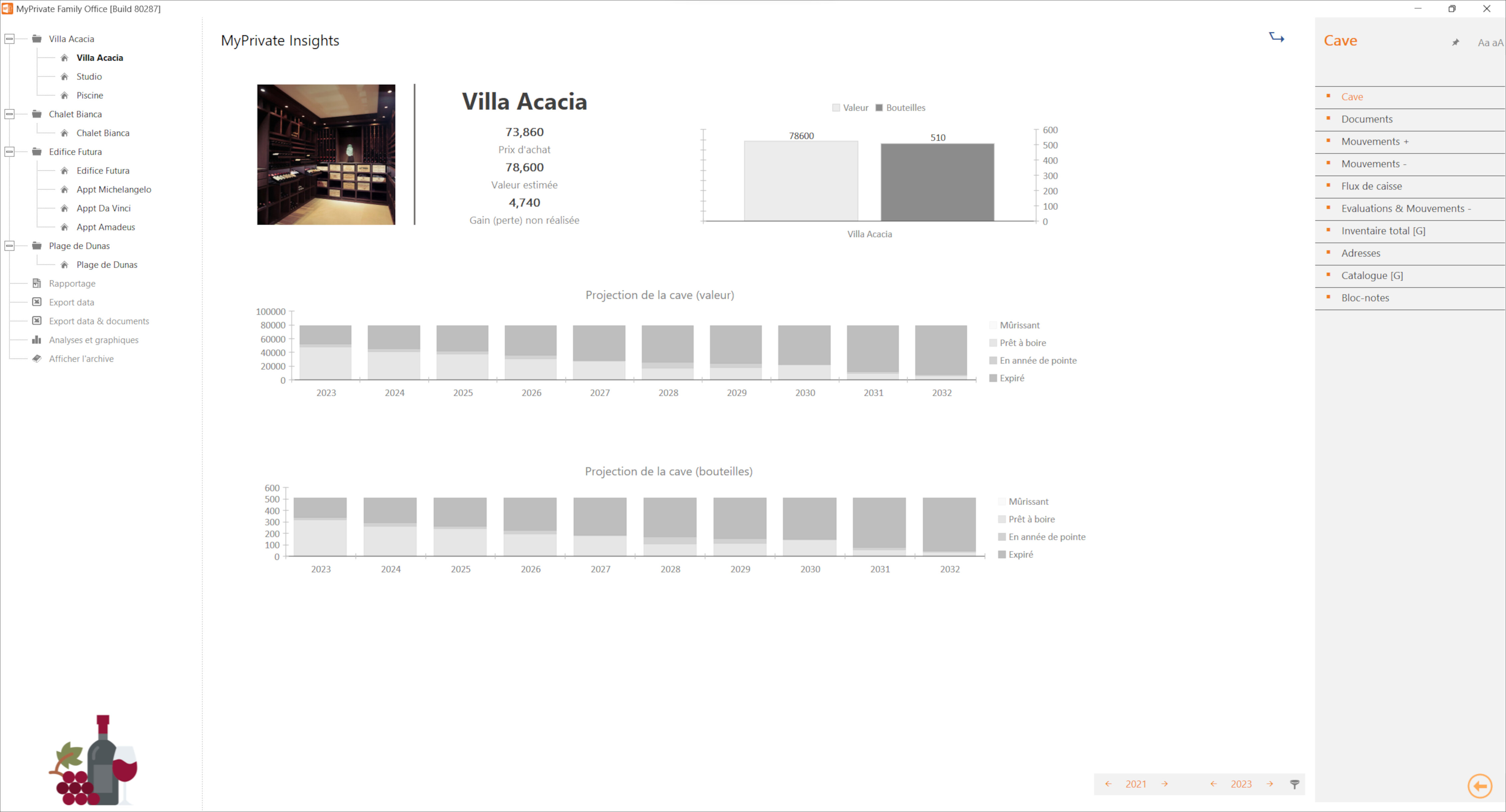 Vue analytique de l'évolution future de votre cave à vin avec indication de la valeur et du nombre de bouteilles
