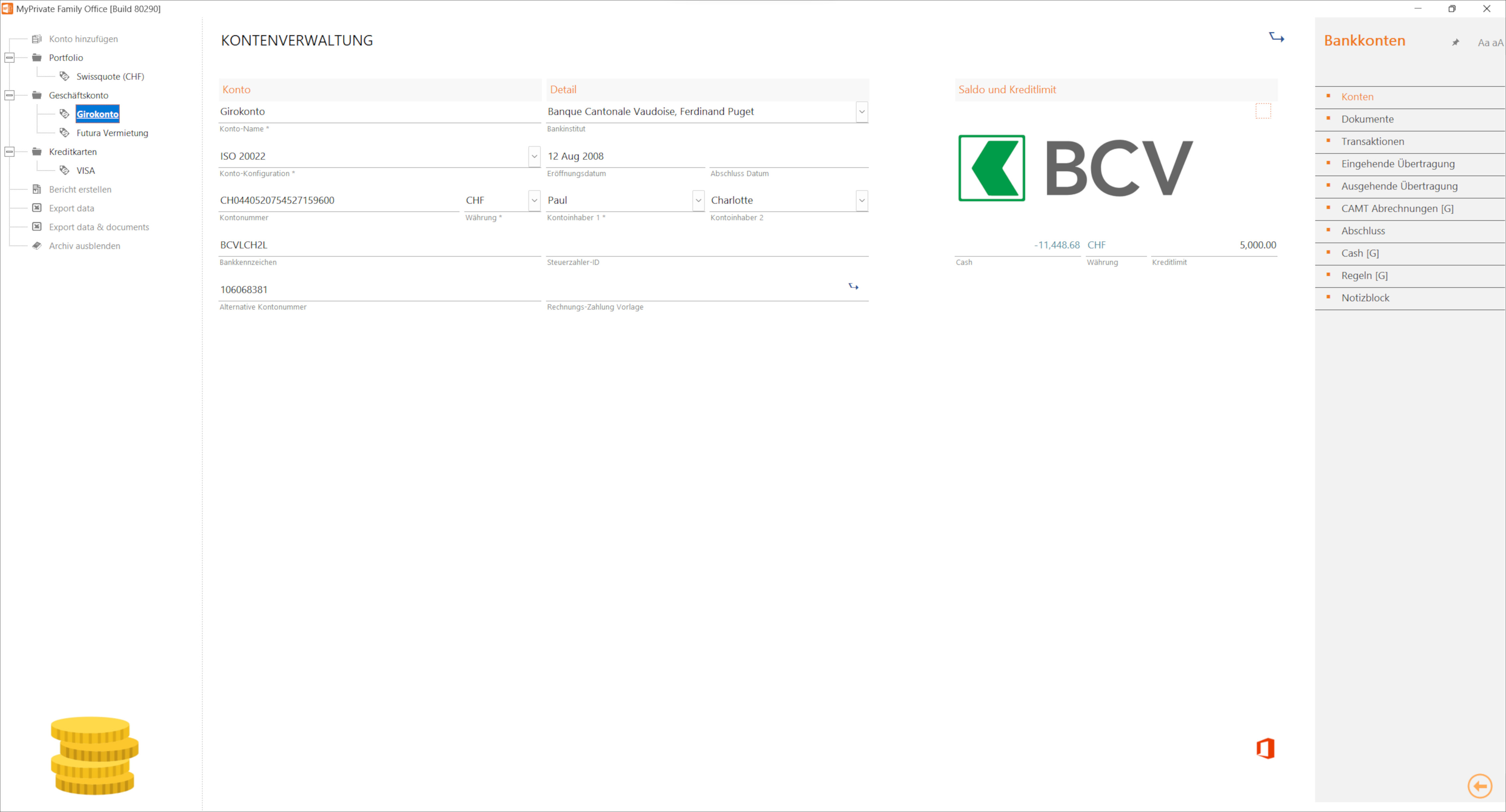 Einrichtungsbereich für Bankkonten nach Swiss ISO 20022, EU ISO 20022, UK BACS oder US Check Format