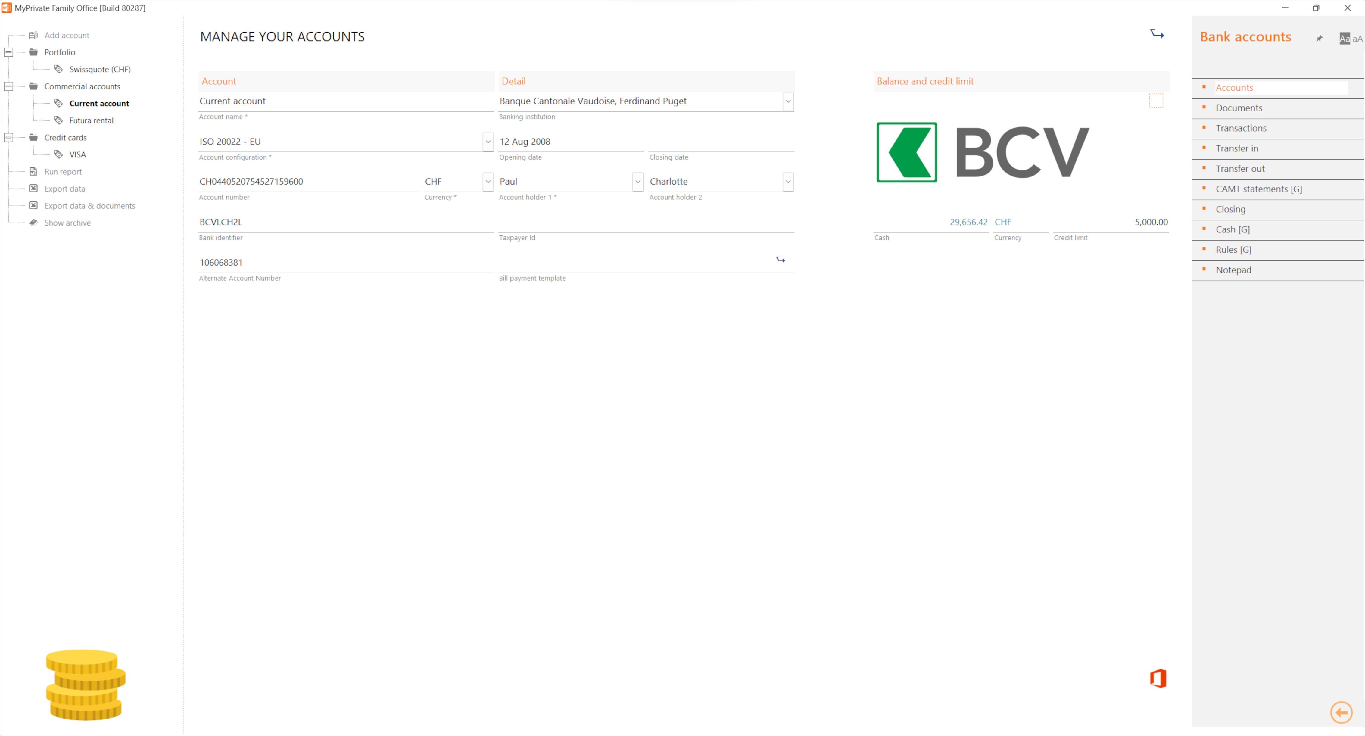 Setup area for bank accounts according to Swiss ISO 20022, EU ISO 20022, UK BACS or US Check format